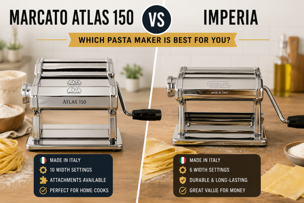 Side-by-side comparison of the Marcato Atlas 150 vs Imperia pasta makers on a kitchen countertop.