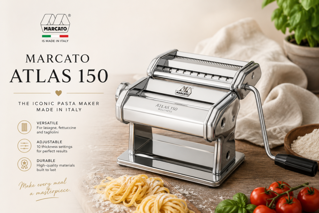 Marcato Atlas 150 review chrome manual pasta maker machine on a counter with flour