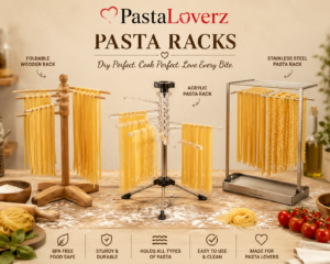 A Marcato Atlas Tacapasta rack holding fresh, long noodles on a wooden kitchen surface, showcasing the best pasta drying racks for home chefs.